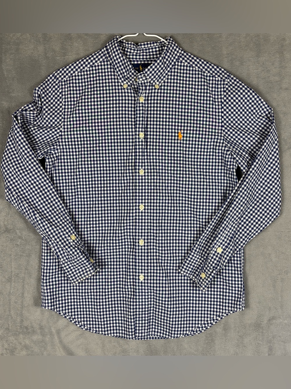 Ralph Lauren Boys Large 14-16 Blue Gingham Button Down Shirt Orange Pony